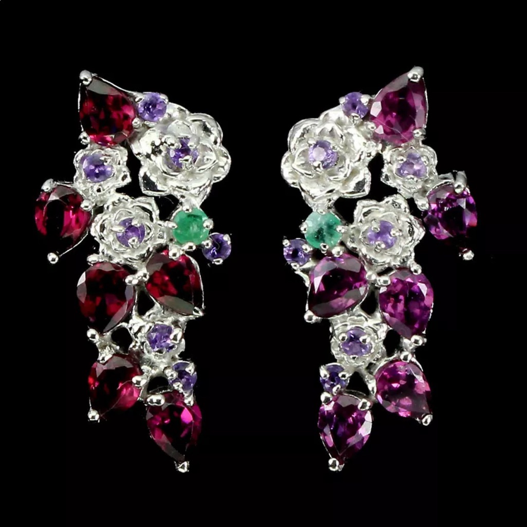 Genuine Rhodolite Emerald Amethyst Earrings 425$